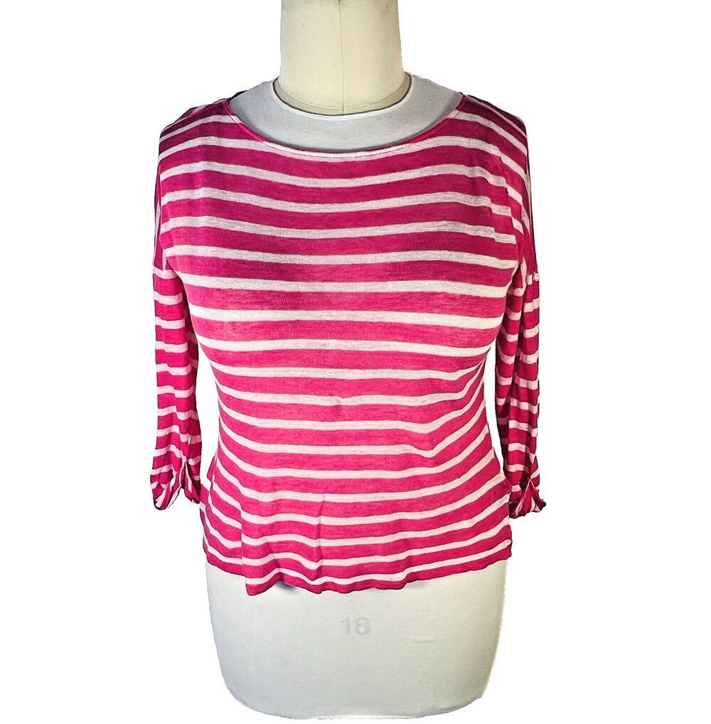 Lauren Ralph Lauren - Linen Knit Top Women's L Pink White Striped Boat Neck